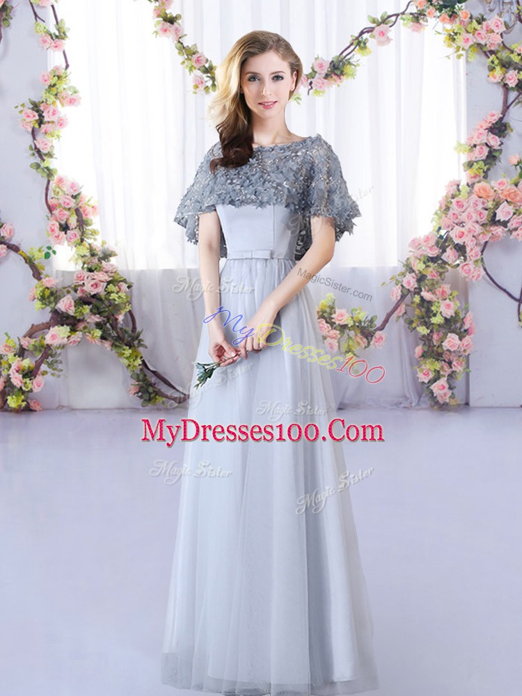 Wonderful Grey Empire Straps Sleeveless Tulle Floor Length Lace Up Appliques Bridesmaid Dresses