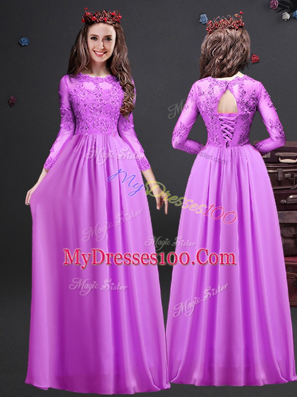 Romantic Floor Length Lilac Bridesmaid Gown Chiffon Long Sleeves Appliques
