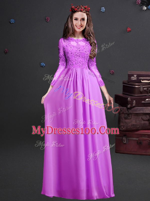 Romantic Floor Length Lilac Bridesmaid Gown Chiffon Long Sleeves Appliques