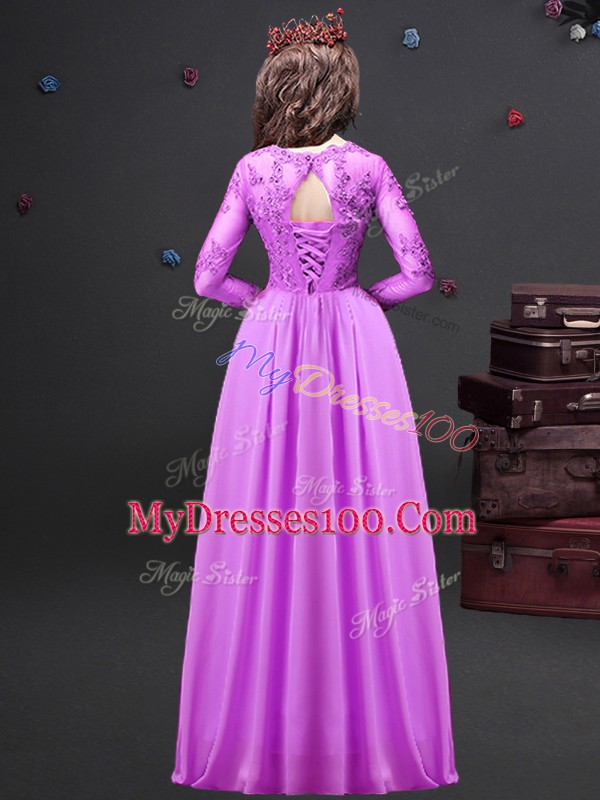 Romantic Floor Length Lilac Bridesmaid Gown Chiffon Long Sleeves Appliques
