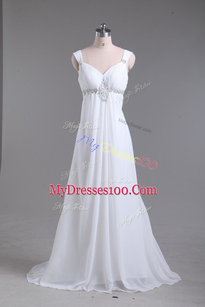 Wonderful White Straps Lace Up Beading Wedding Dress Sweep Train Sleeveless
