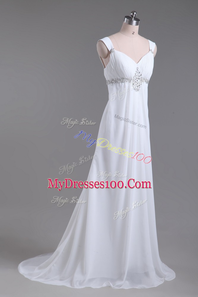 Wonderful White Straps Lace Up Beading Wedding Dress Sweep Train Sleeveless