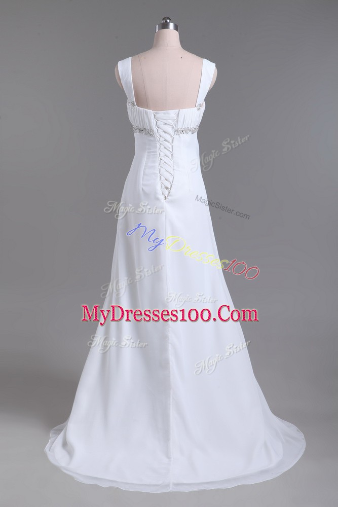 Wonderful White Straps Lace Up Beading Wedding Dress Sweep Train Sleeveless