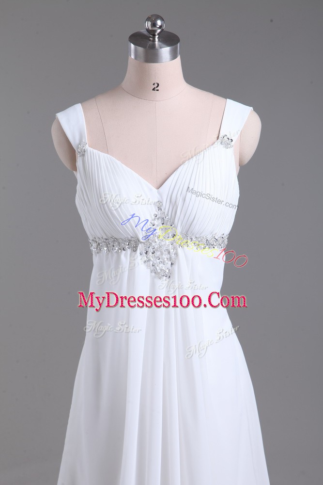 Wonderful White Straps Lace Up Beading Wedding Dress Sweep Train Sleeveless
