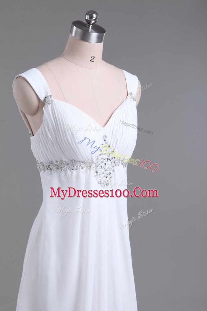 Wonderful White Straps Lace Up Beading Wedding Dress Sweep Train Sleeveless