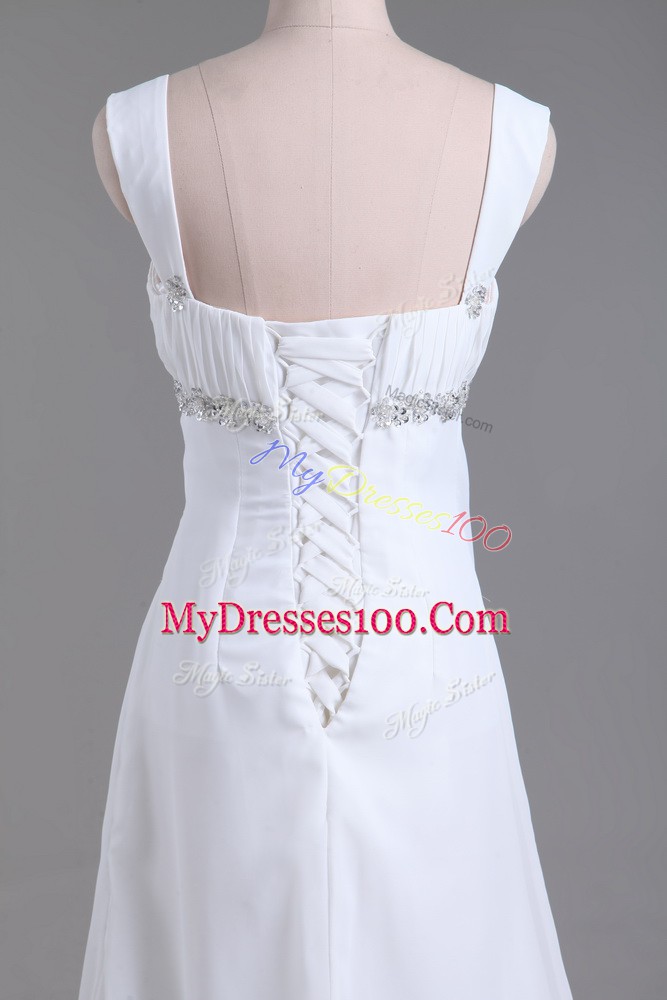 Wonderful White Straps Lace Up Beading Wedding Dress Sweep Train Sleeveless