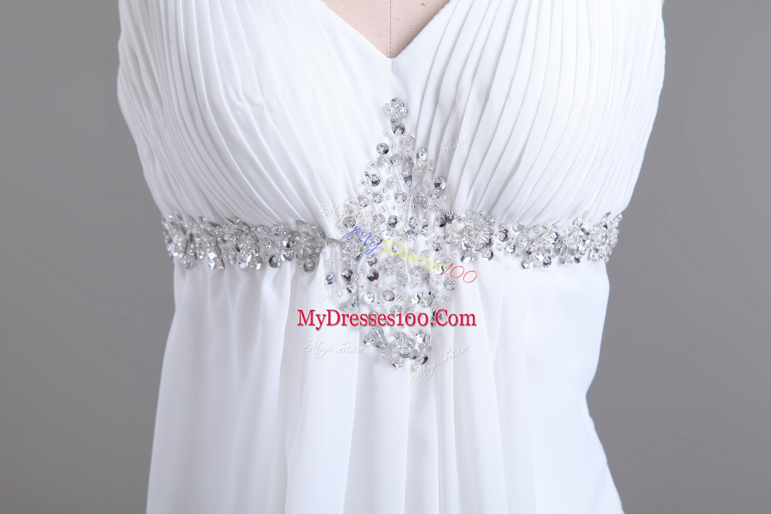 Wonderful White Straps Lace Up Beading Wedding Dress Sweep Train Sleeveless