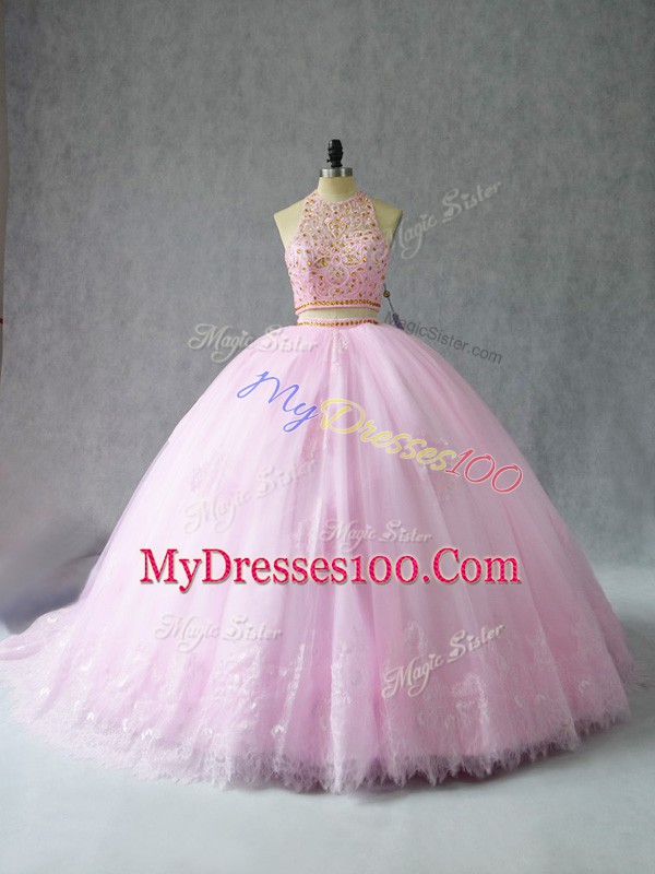 Exquisite Beading and Appliques Quinceanera Gowns Baby Pink Zipper Sleeveless Court Train