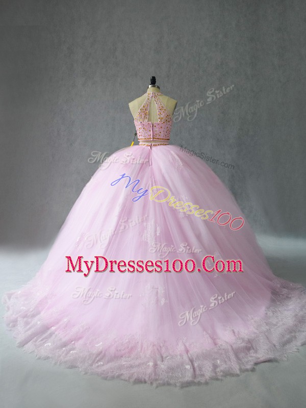 Exquisite Beading and Appliques Quinceanera Gowns Baby Pink Zipper Sleeveless Court Train
