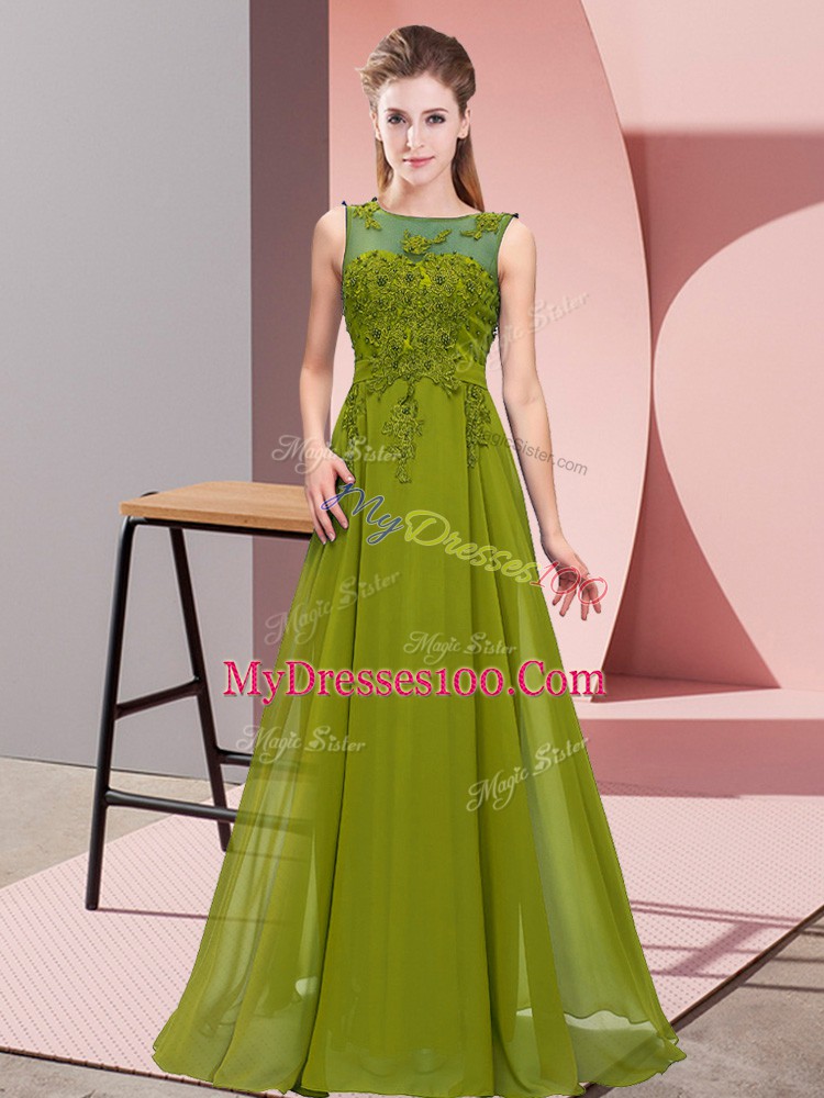 Olive Green Chiffon Zipper Dama Dress Sleeveless Floor Length Beading and Appliques