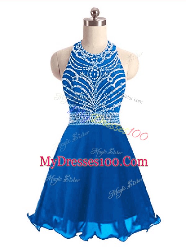 Sleeveless Chiffon Mini Length Lace Up Party Dress Wholesale in Blue with Beading