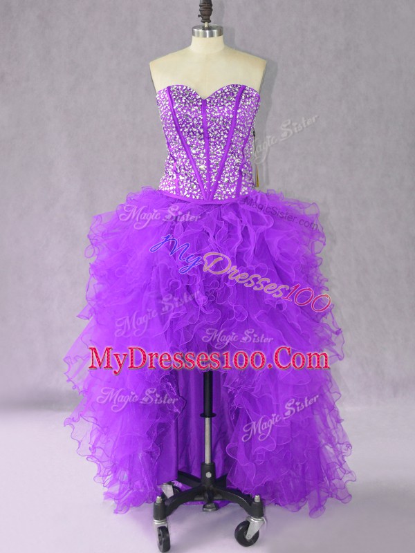 Unique Sleeveless High Low Beading and Ruffles Lace Up Casual Dresses with Purple