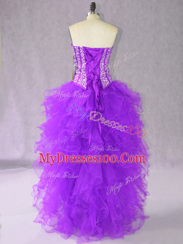Unique Sleeveless High Low Beading and Ruffles Lace Up Casual Dresses with Purple
