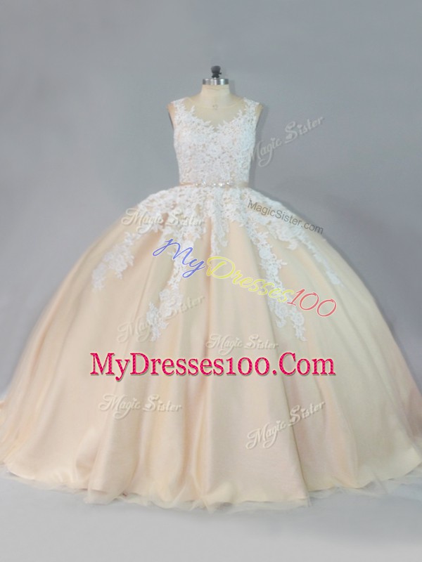 Edgy Sleeveless Court Train Zipper Appliques Sweet 16 Quinceanera Dress