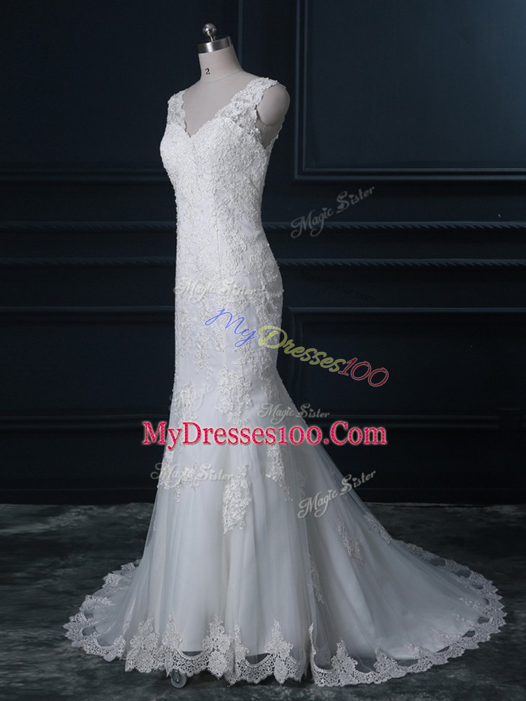 Extravagant White Sleeveless Tulle Brush Train Backless Wedding Dress for Wedding Party