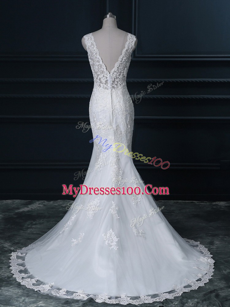 Extravagant White Sleeveless Tulle Brush Train Backless Wedding Dress for Wedding Party