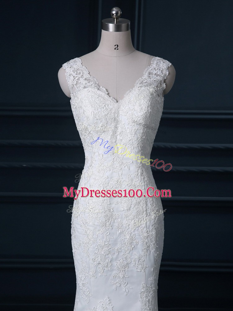 Extravagant White Sleeveless Tulle Brush Train Backless Wedding Dress for Wedding Party