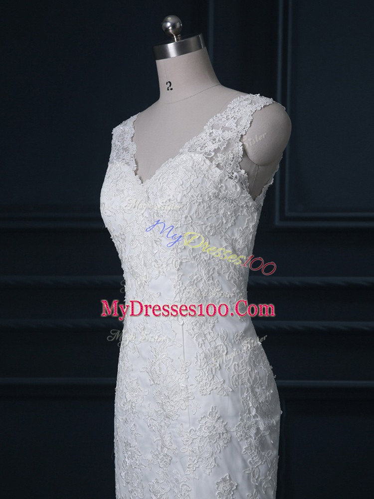 Extravagant White Sleeveless Tulle Brush Train Backless Wedding Dress for Wedding Party