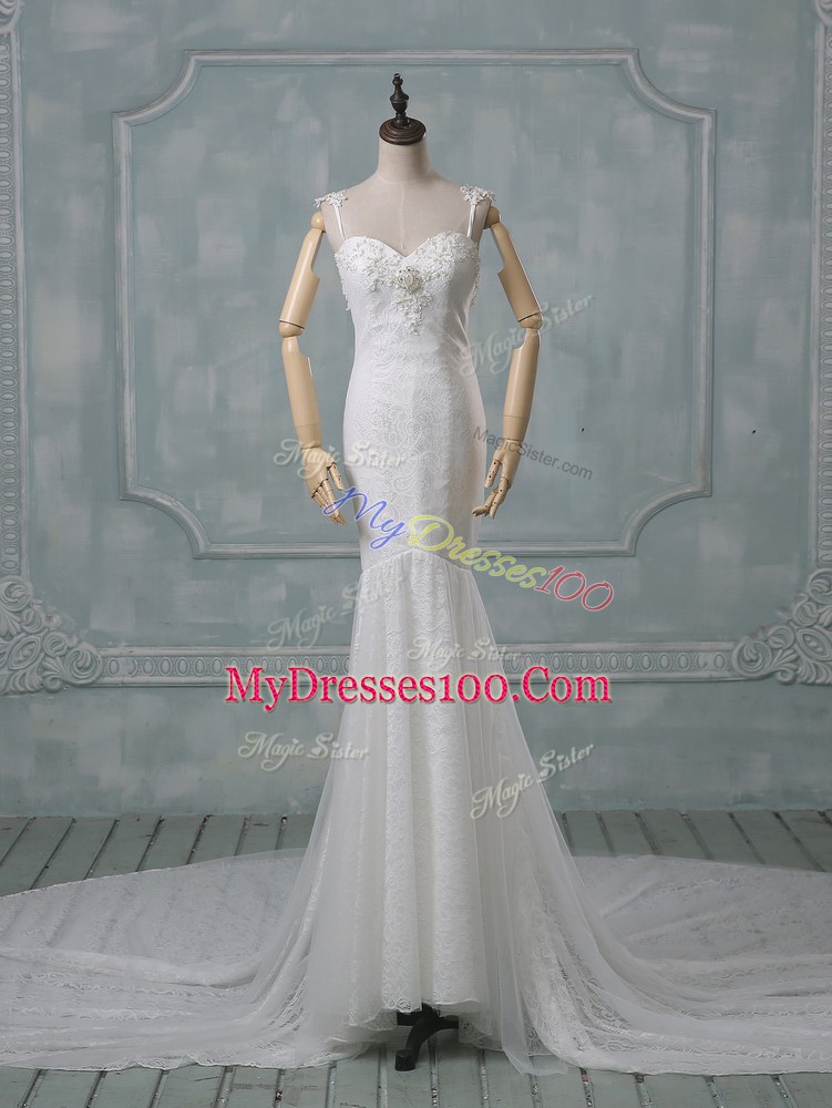 Adorable White Mermaid Beading and Lace Wedding Dress Backless Lace Sleeveless