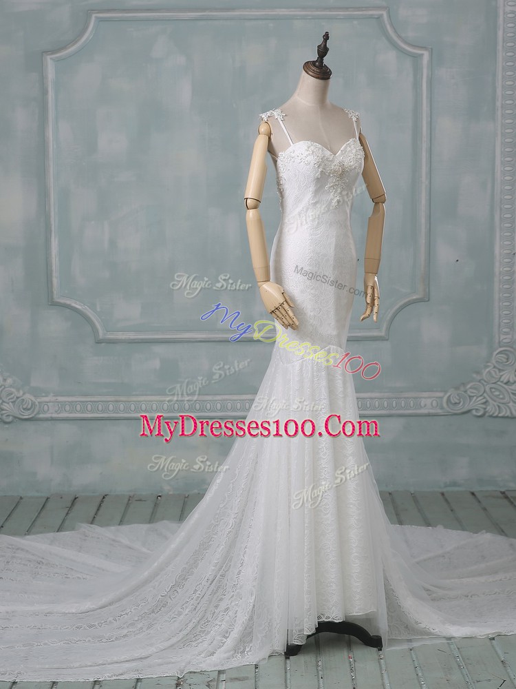 Adorable White Mermaid Beading and Lace Wedding Dress Backless Lace Sleeveless