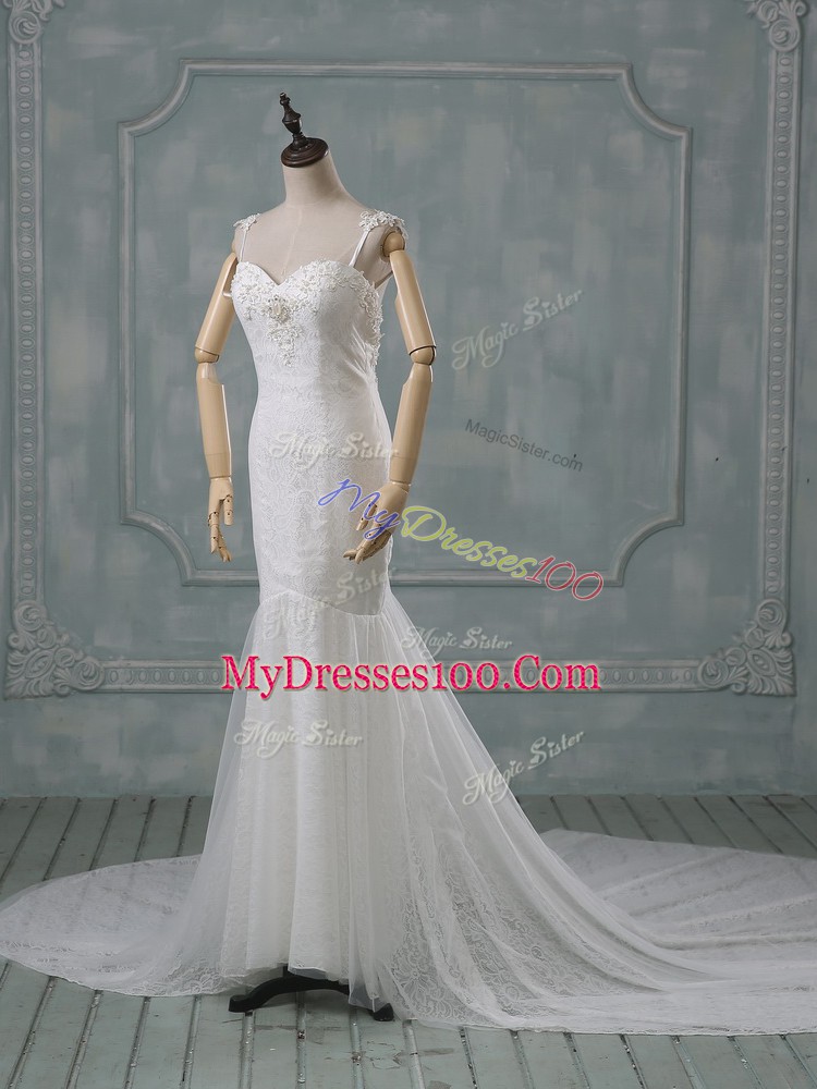 Adorable White Mermaid Beading and Lace Wedding Dress Backless Lace Sleeveless