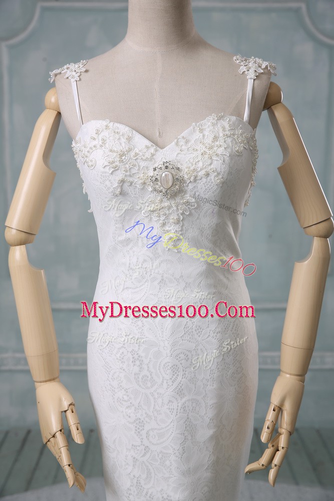 Adorable White Mermaid Beading and Lace Wedding Dress Backless Lace Sleeveless