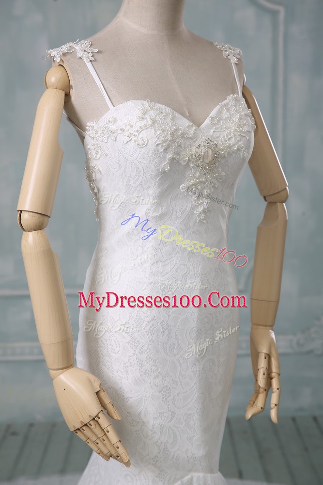 Adorable White Mermaid Beading and Lace Wedding Dress Backless Lace Sleeveless