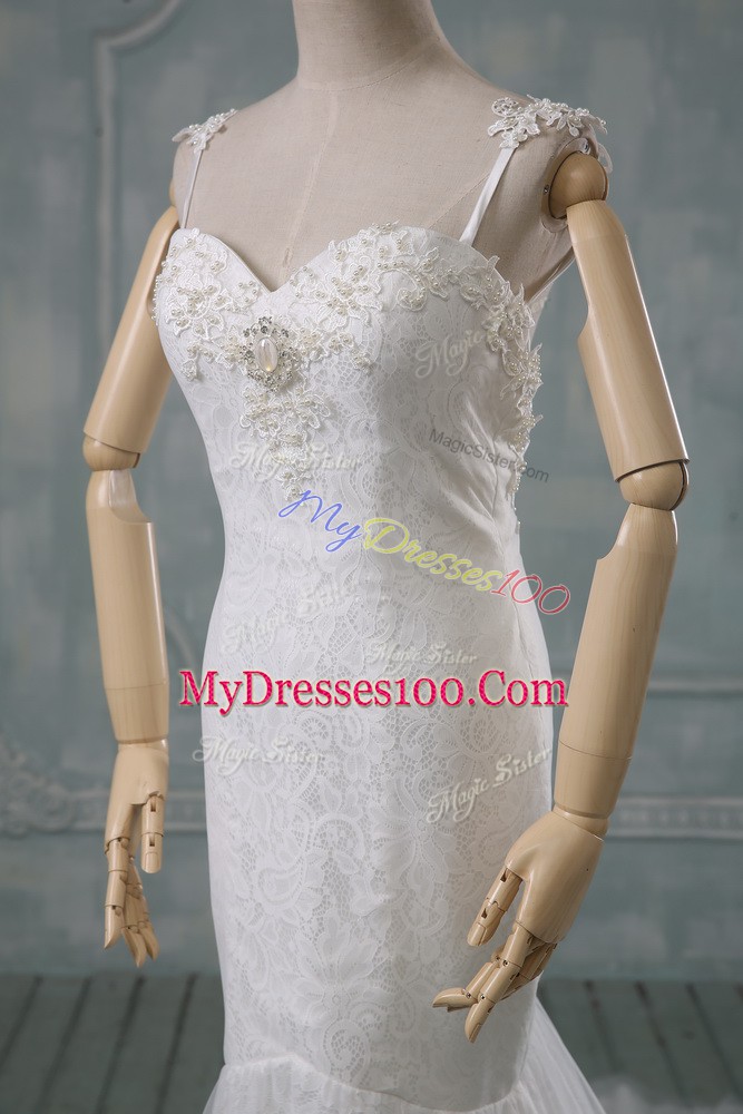 Adorable White Mermaid Beading and Lace Wedding Dress Backless Lace Sleeveless