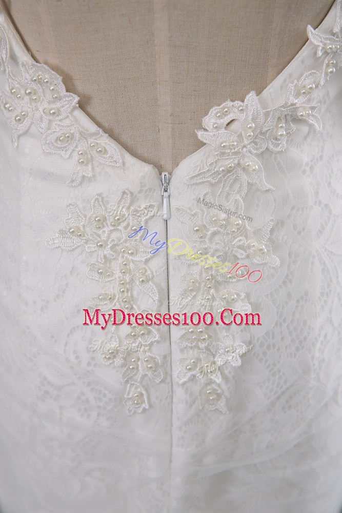 Adorable White Mermaid Beading and Lace Wedding Dress Backless Lace Sleeveless