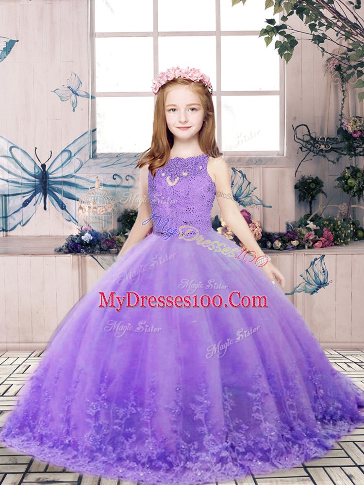 Superior Lavender Sleeveless Floor Length Lace and Appliques Backless Kids Pageant Dress