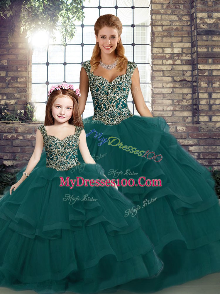 Romantic Straps Sleeveless Tulle Vestidos de Quinceanera Beading and Ruffles Lace Up
