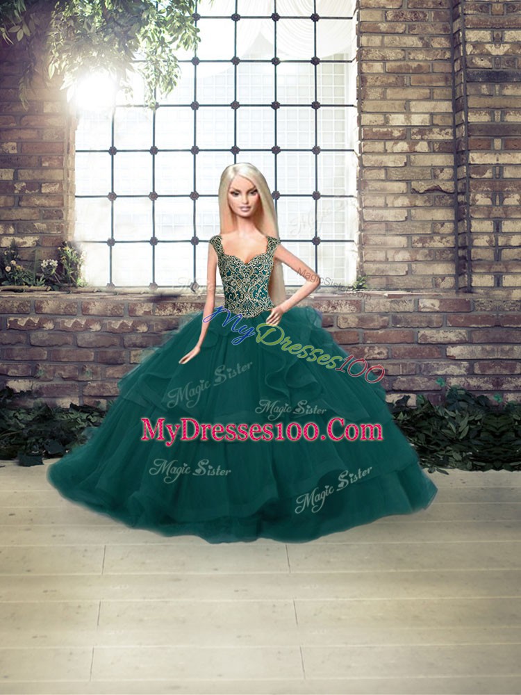 Romantic Straps Sleeveless Tulle Vestidos de Quinceanera Beading and Ruffles Lace Up