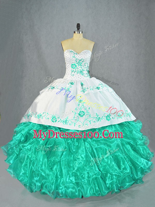 Admirable Sleeveless Floor Length Embroidery and Ruffles Lace Up 15th Birthday Dress with Turquoise