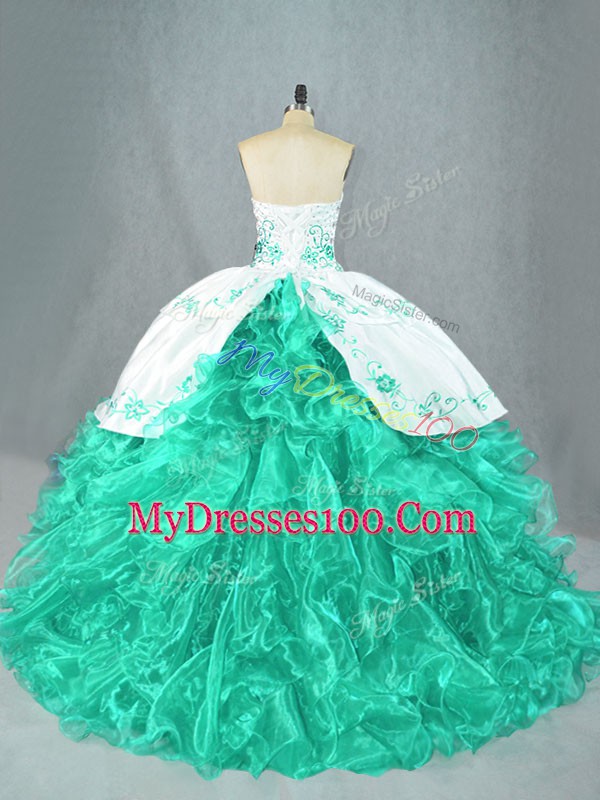 Admirable Sleeveless Floor Length Embroidery and Ruffles Lace Up 15th Birthday Dress with Turquoise