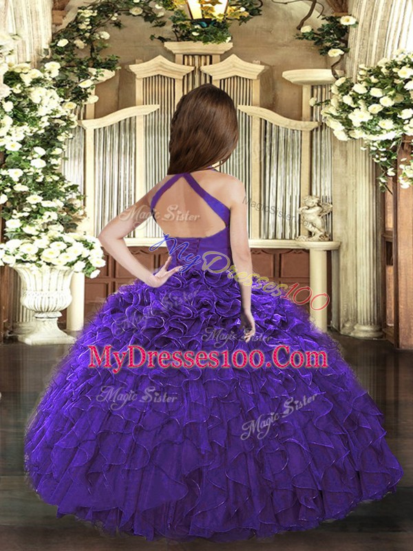 Floor Length Lace Up Little Girls Pageant Gowns Fuchsia for Party and Wedding Party with Ruffles