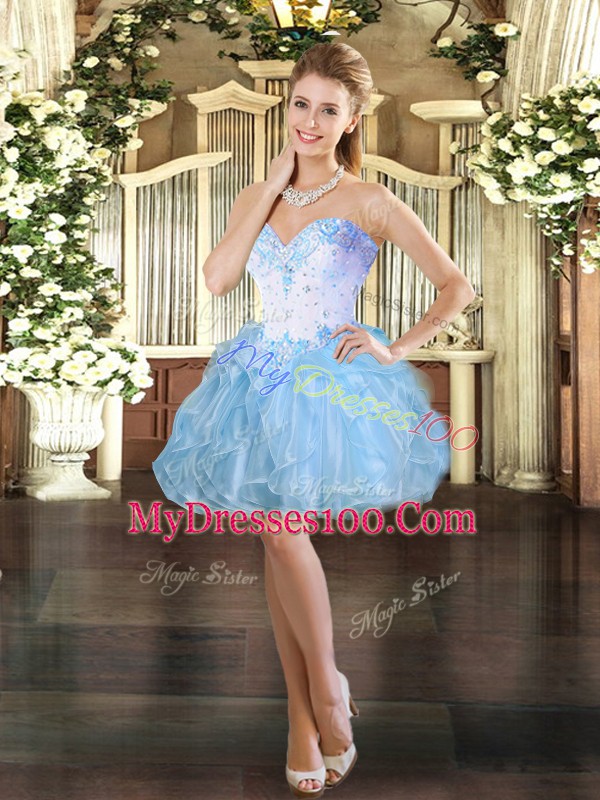 Light Blue Lace Up Sweetheart Beading and Ruffles Organza Sleeveless