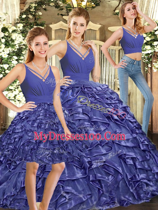Modest Floor Length Lavender Quince Ball Gowns Organza Brush Train Sleeveless Ruffles