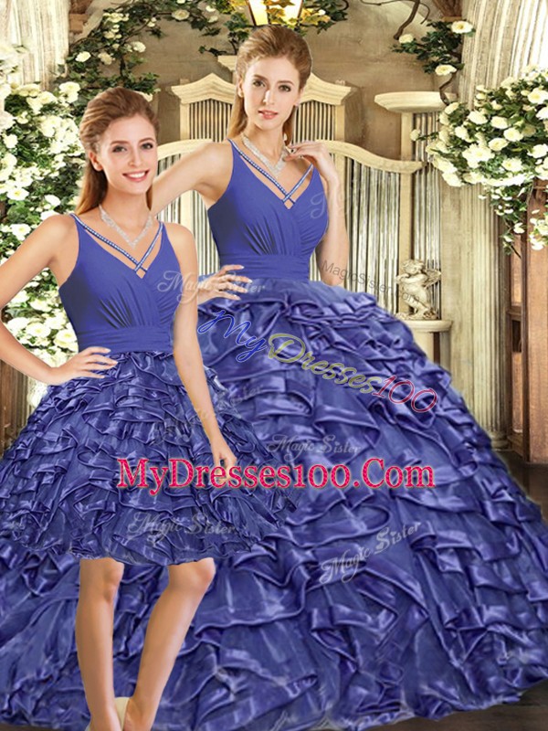 Modest Floor Length Lavender Quince Ball Gowns Organza Brush Train Sleeveless Ruffles