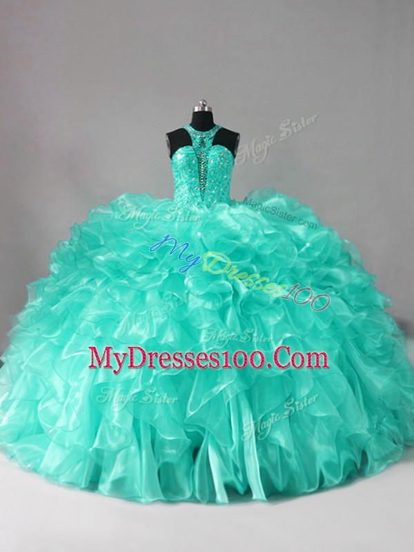 Custom Made Ball Gowns Sleeveless Aqua Blue Quinceanera Gowns Brush Train Zipper