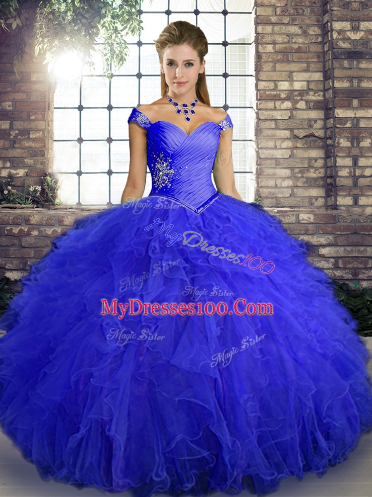 Flare Royal Blue Quinceanera Dress Military Ball and Sweet 16 and Quinceanera with Beading and Ruffles Off The Shoulder Sleeveless Lace Up