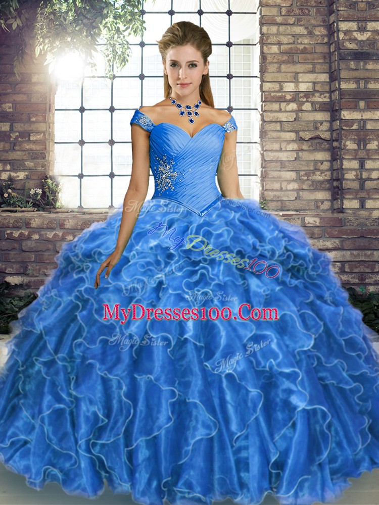 Unique Lace Up Sweet 16 Dress Blue for Military Ball and Sweet 16 and Quinceanera with Beading and Ruffles Brush Train
