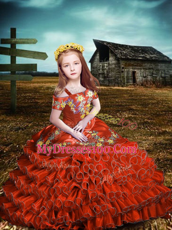 Simple Floor Length Lace Up Child Pageant Dress Orange Red for Wedding Party with Embroidery and Ruffled Layers