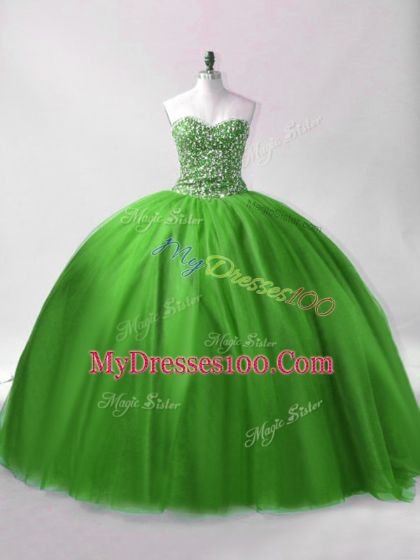 Green Ball Gowns Sweetheart Sleeveless Tulle Floor Length Lace Up Beading Sweet 16 Dress