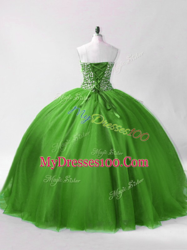 Green Ball Gowns Sweetheart Sleeveless Tulle Floor Length Lace Up Beading Sweet 16 Dress