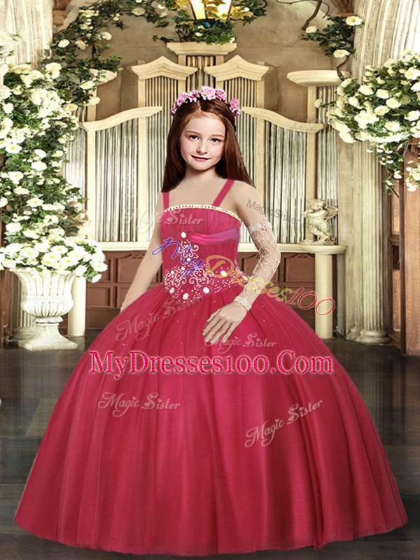 Hot Selling Tulle Straps Sleeveless Lace Up Beading Pageant Dress Womens in Red