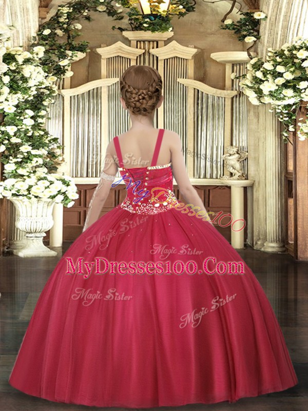 Hot Selling Tulle Straps Sleeveless Lace Up Beading Pageant Dress Womens in Red