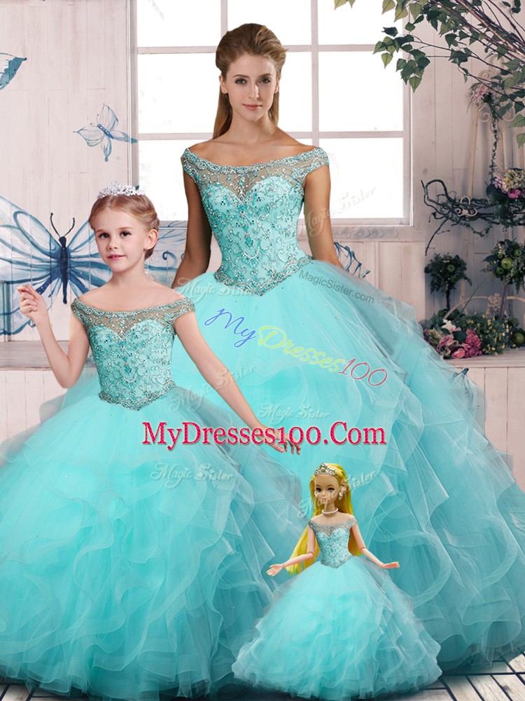 Modest Off The Shoulder Sleeveless Sweet 16 Dresses Floor Length Embroidery and Ruffles Aqua Blue Tulle