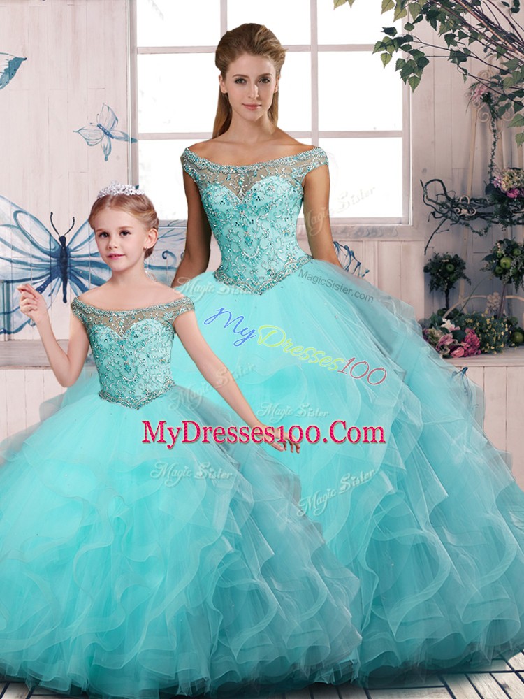 Modest Off The Shoulder Sleeveless Sweet 16 Dresses Floor Length Embroidery and Ruffles Aqua Blue Tulle