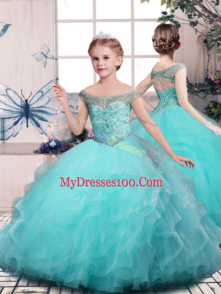 Modest Off The Shoulder Sleeveless Sweet 16 Dresses Floor Length Embroidery and Ruffles Aqua Blue Tulle