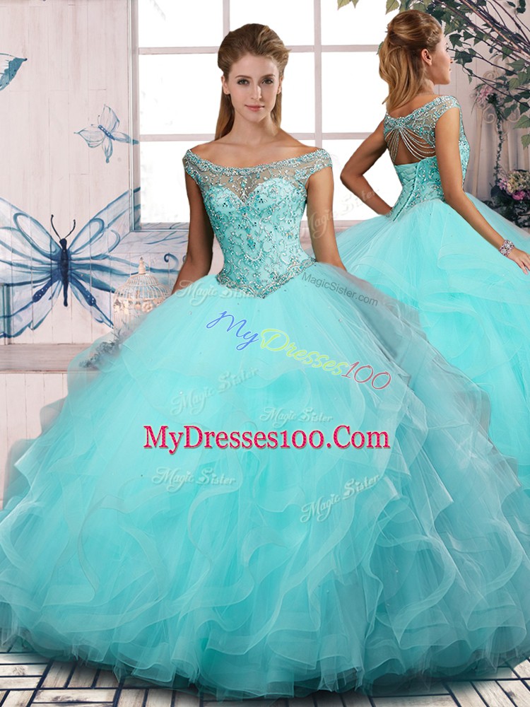 Modest Off The Shoulder Sleeveless Sweet 16 Dresses Floor Length Embroidery and Ruffles Aqua Blue Tulle